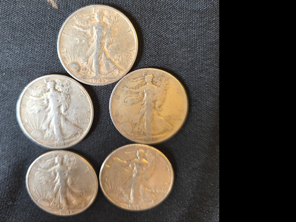 Silver Walking Liberty Half Dollar. ,1945, 1943, 1936, (2) 1942