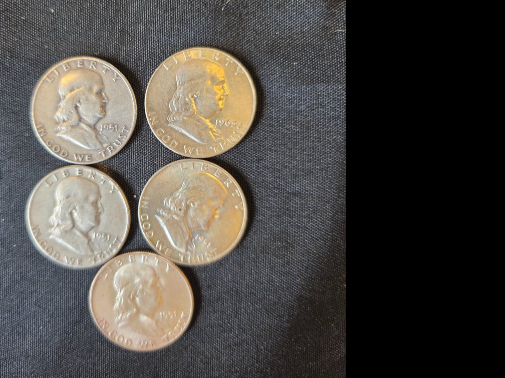 (5) 1951 Franklin  Silver Half Dollars 