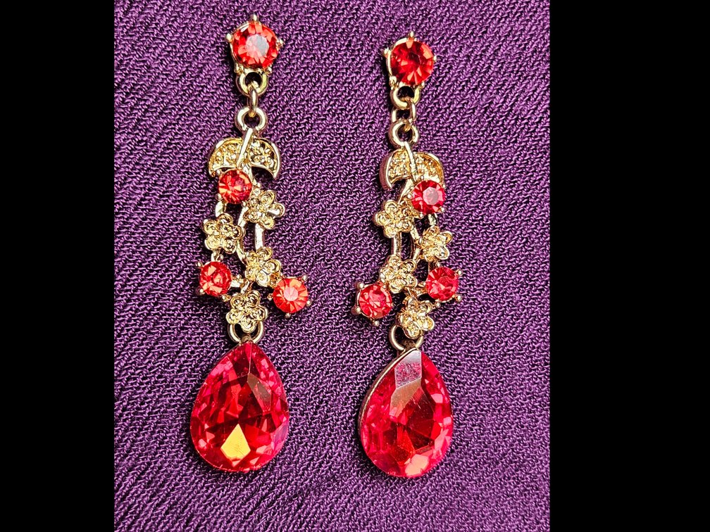 Pair of Yellow Gold colored and Faux Ruby Earrings
