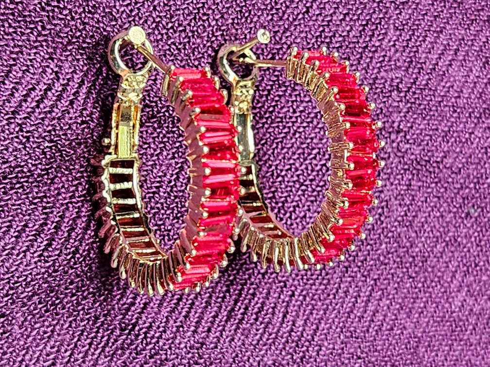 Pair of Yellow Gold colored and Faux Ruby Earrings