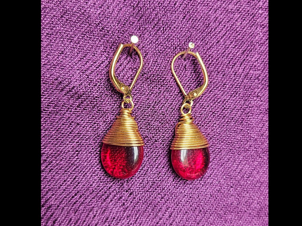 Pair of Yellow Gold colored and Faux Ruby Earrings