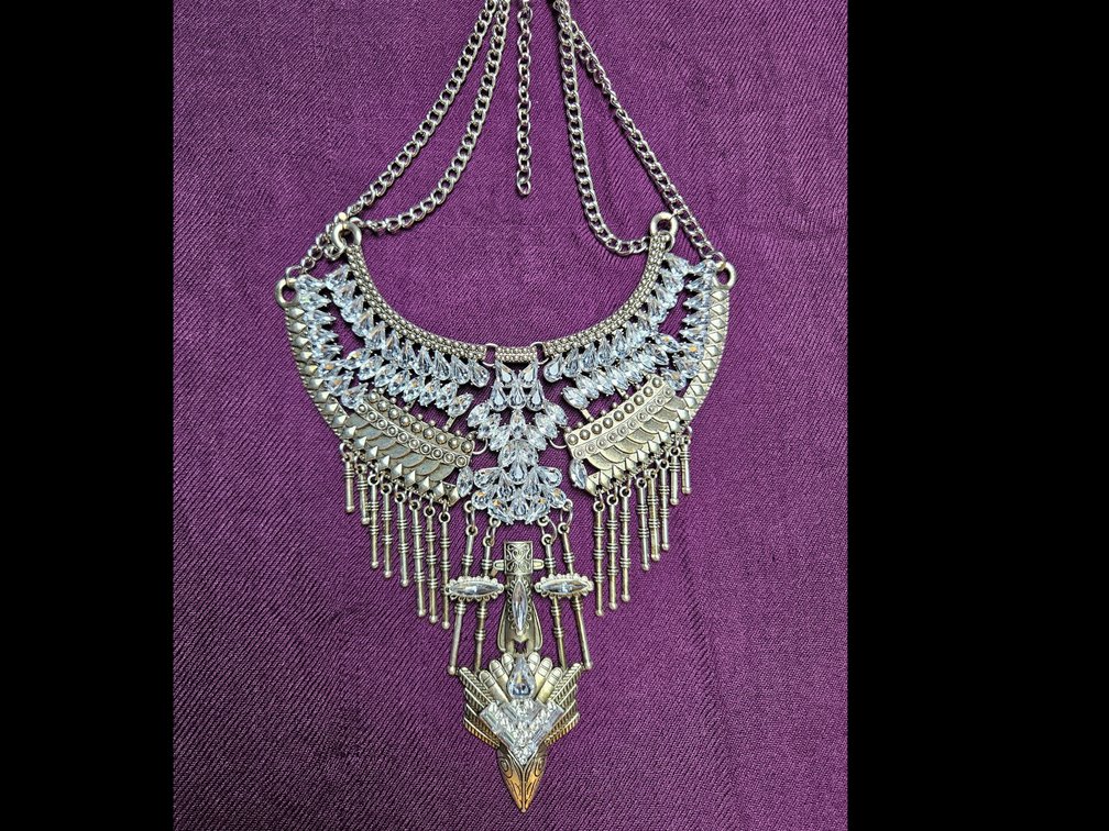 Elaborate Silver Necklace with Clear Crystals 