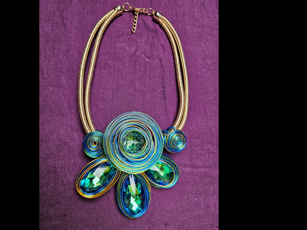 Elaborate Blue / Green  / Gold Necklace and Matching Earrings 