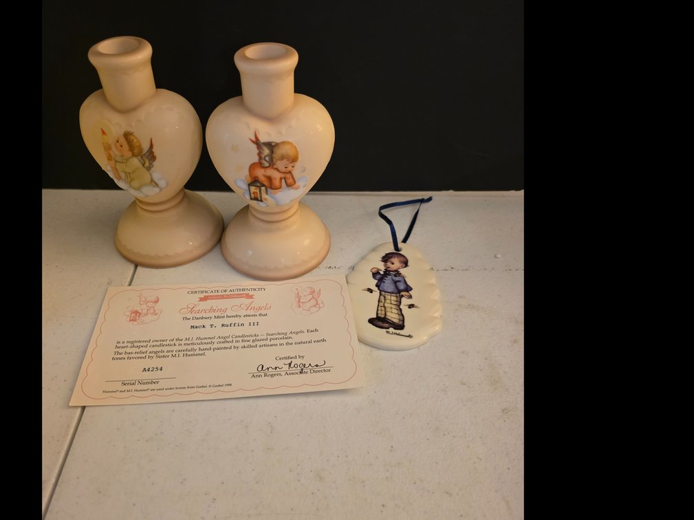 Exquisite Pair of 1996 GOEBEL HUMMEL Porcelain 2 Figure Angel Candle Holders. 5.5" Tall, with Original Box:  Vintage Christmas Hummel Ornament 2014 Club Exclusive Welcome Home Boy Bees, with box