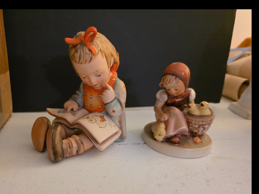 Vintage 1970s Goebel MI Hummel Figurine "The Bookworm" Little Girl reading book on her lap - V3028,  4.5"  ;  Vintage Goebel Hummel Figurine Chick Girl West Germany No. 918. 4" 