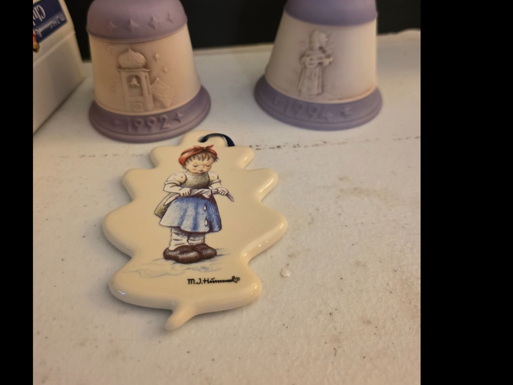 1992 Christmas Bell By MJ Hummel Goebel Christmas Bell IN ORIGINAL BOX;  MJ Hummel Christmas Bell 1994 Festival Harmony Flute, MJ Hummel club membership Year 42 Ornament Girl Washing. All in Original Boxes 