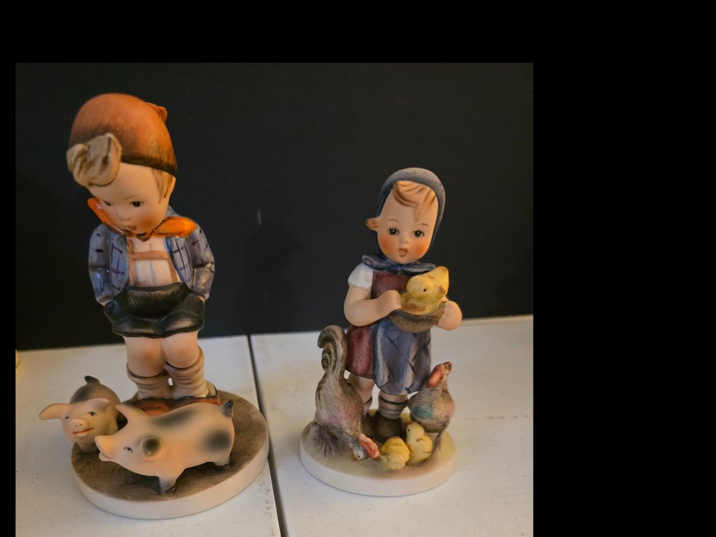 Hummel 66 Farm Boy TMK6 Boy Looking Down At Two Pigs 5” Tall. :  Goebel Hummel W Germany 1948 "Feeding Time" TMK5 girl feeding louse
