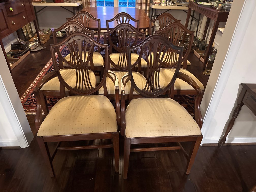 Mahogany shield back dining room, chairs, six sides and two arm chairs
