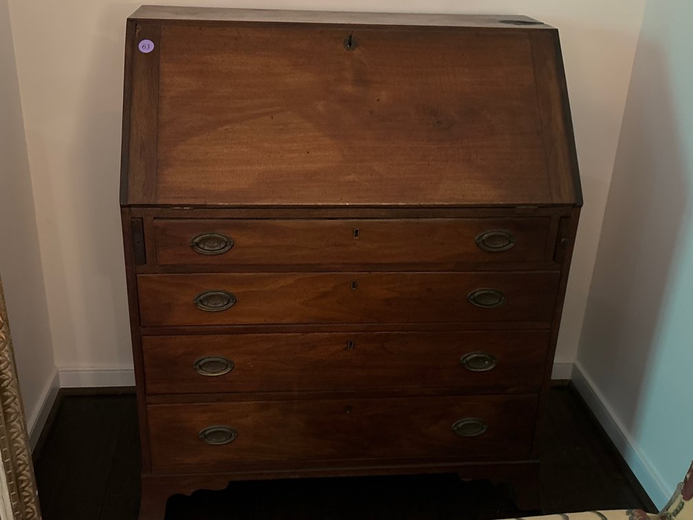 Antique fall front desk; 4 drawers; 38” x 21” x 45” tall