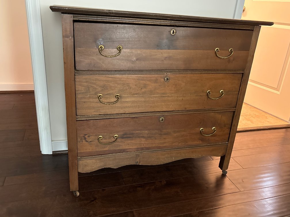Antique 3 drawer chest; 38” x 17” x 34” tall