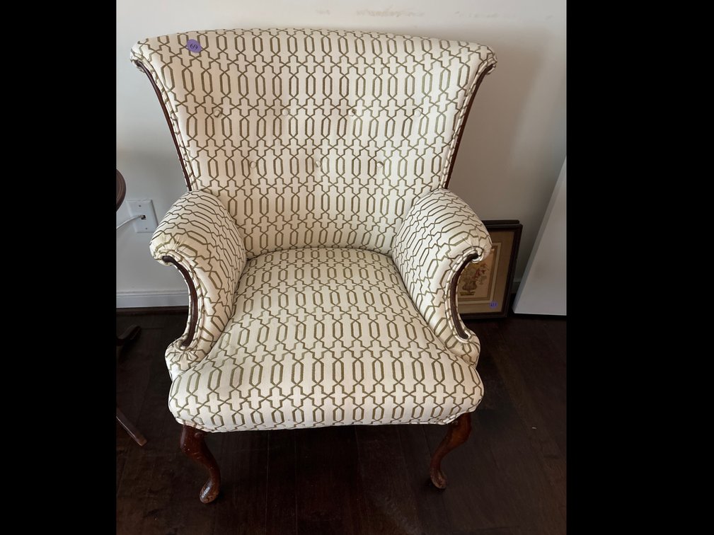 Small vintage wing chair; new olive and cream upholstery
