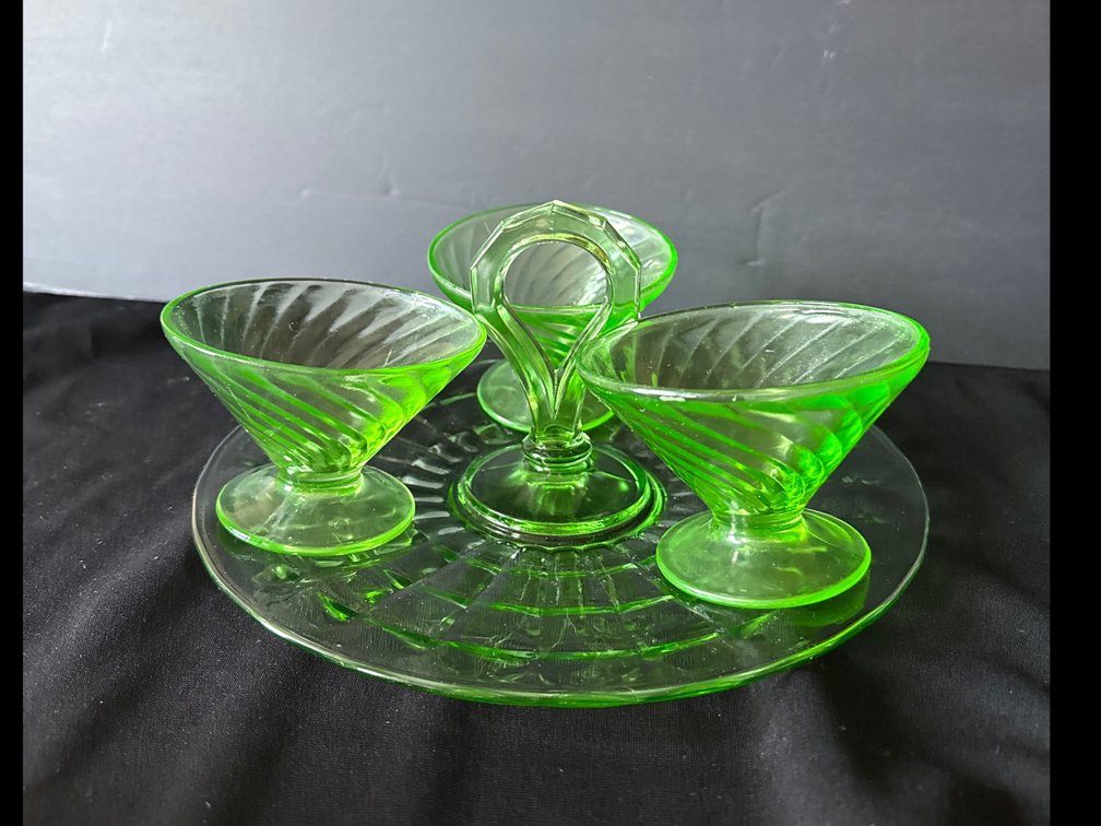 Green Depression Glass Tray and Dessert Cups