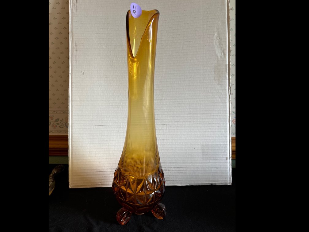 Midcentury ribbed amber vase; 19” tall