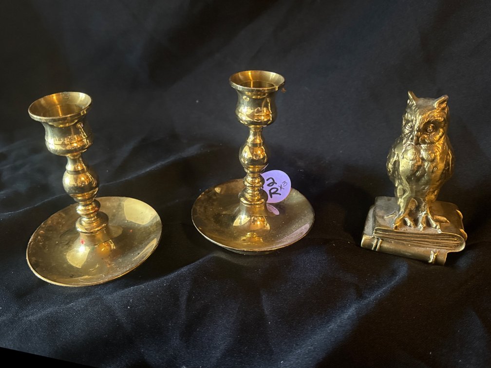 Pair of Baldwin Brass  Candlesticks and Brass Owl 