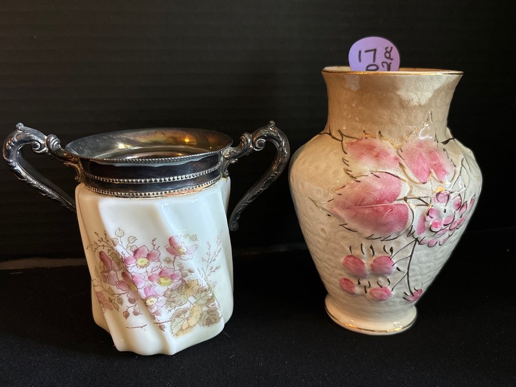 Art glass 2-handle vase; probably Mt Washington/ hand painted vase