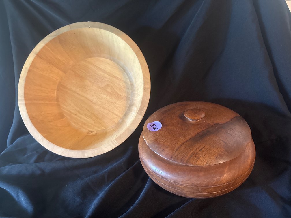 Hand Carved Round Wooden Lidded Box and Wood Bowl 