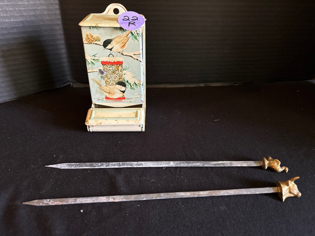 Tin match holder/ 2 skewers w/ cow and duck