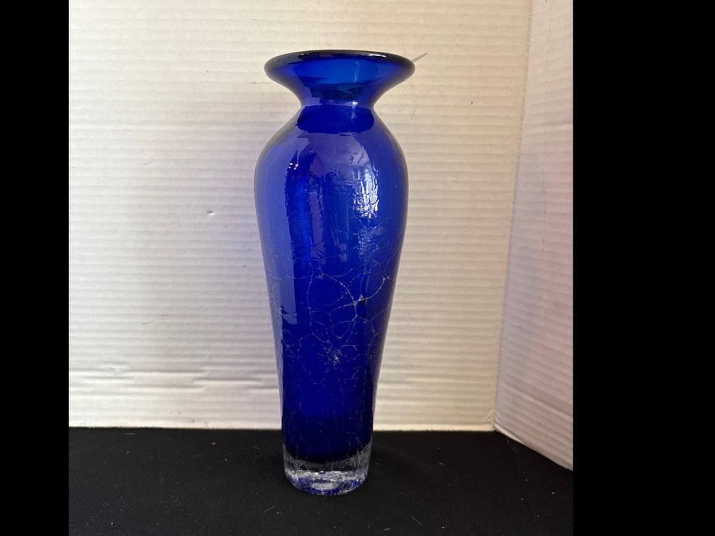 Blenko crackle glass cobalt vase, 10” tall