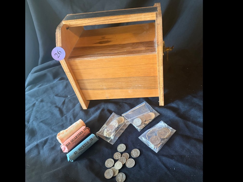 Assorted Coins and Shoe Shine Box