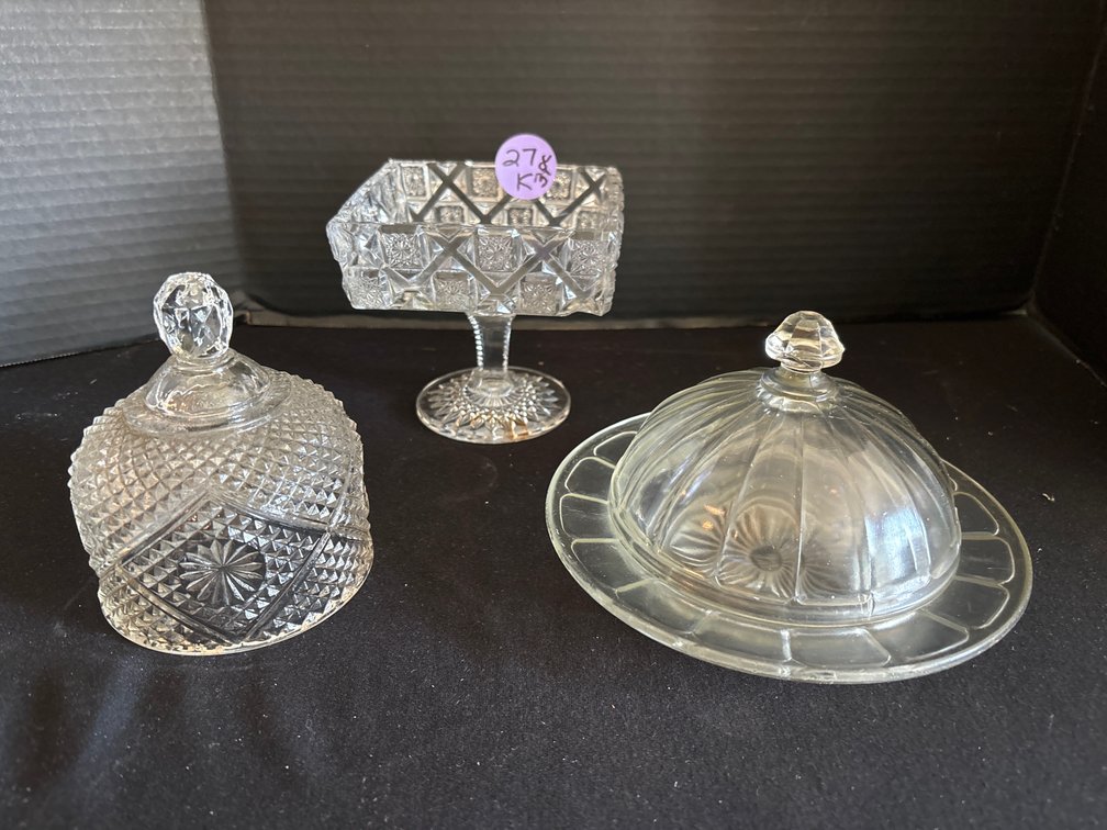 Cut glass square compote/ Hazel-Atlas cheese dish/small dome