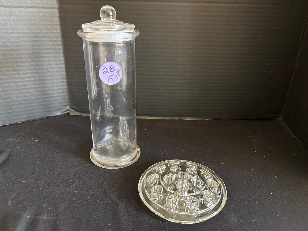 Glass lidded jar/glass flower frog