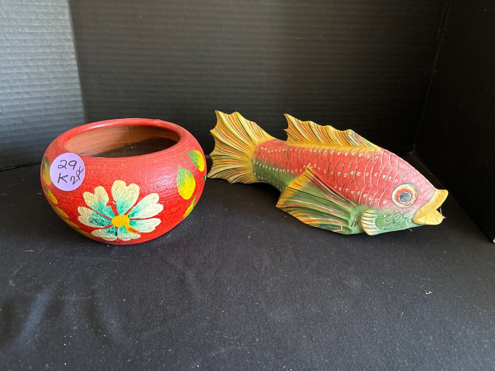 Hand painted pottery bowl/ carved painted fish