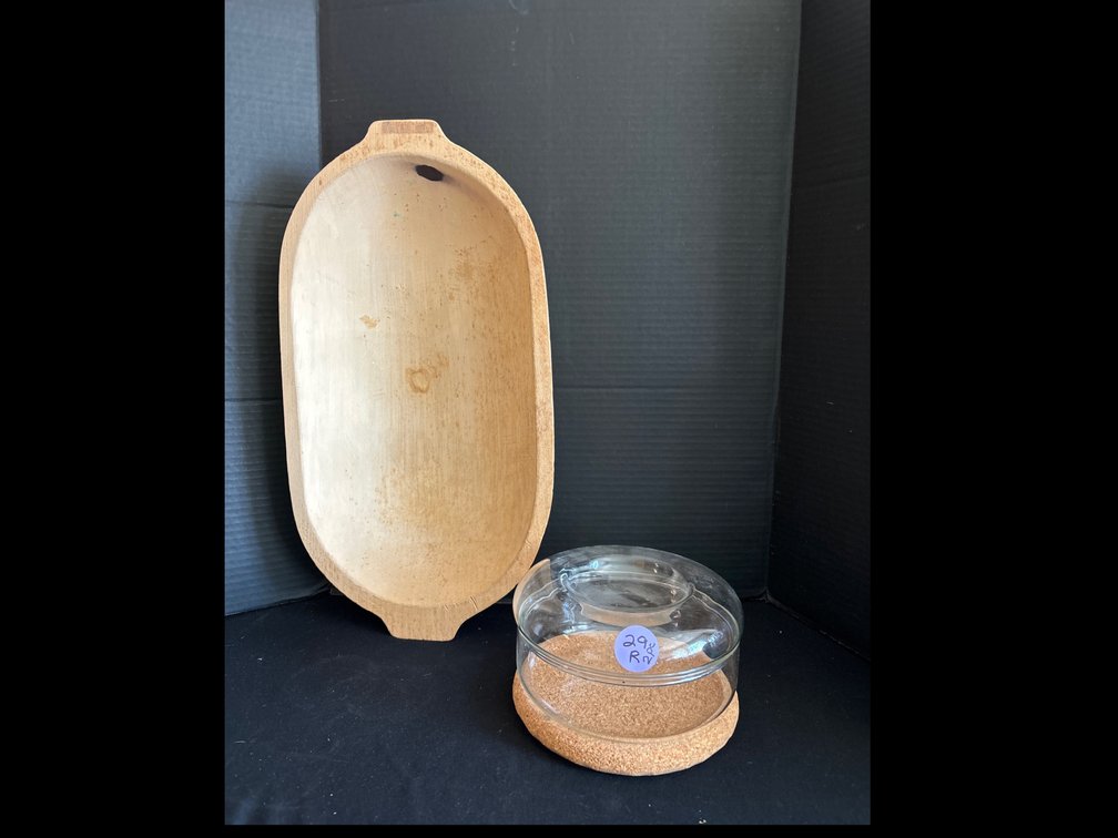 Wooden dough bowl, 20” long/ glass lidded bowl w/ cork trivet