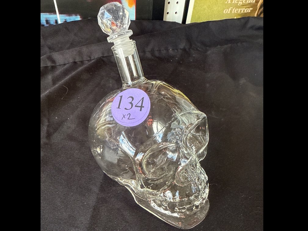 2 Glass Skull Decanters, NIB