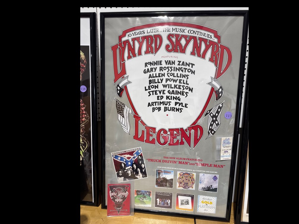 Lynyrd Skynyrd Framed Poster, Concert Ticket and Postcard 25”x37”