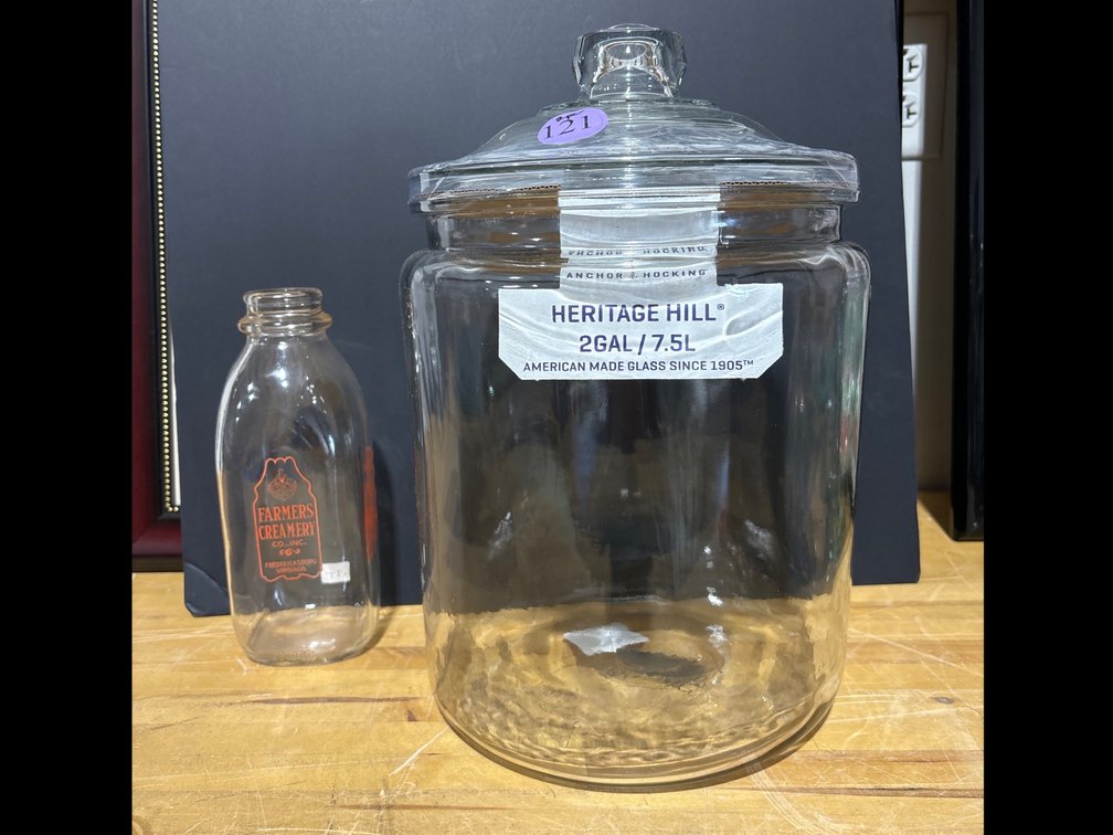 Anchor Hocking lidded jar, 2 gal/milk bottle