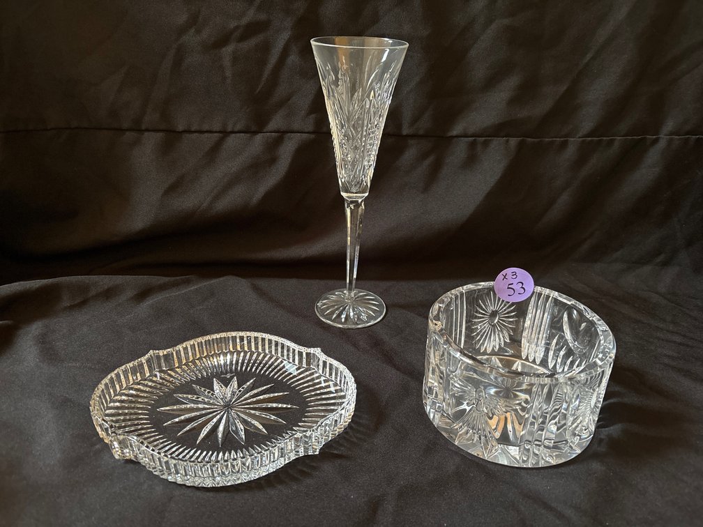 Waterford crystal bowl (5”), flute, tray (8”)