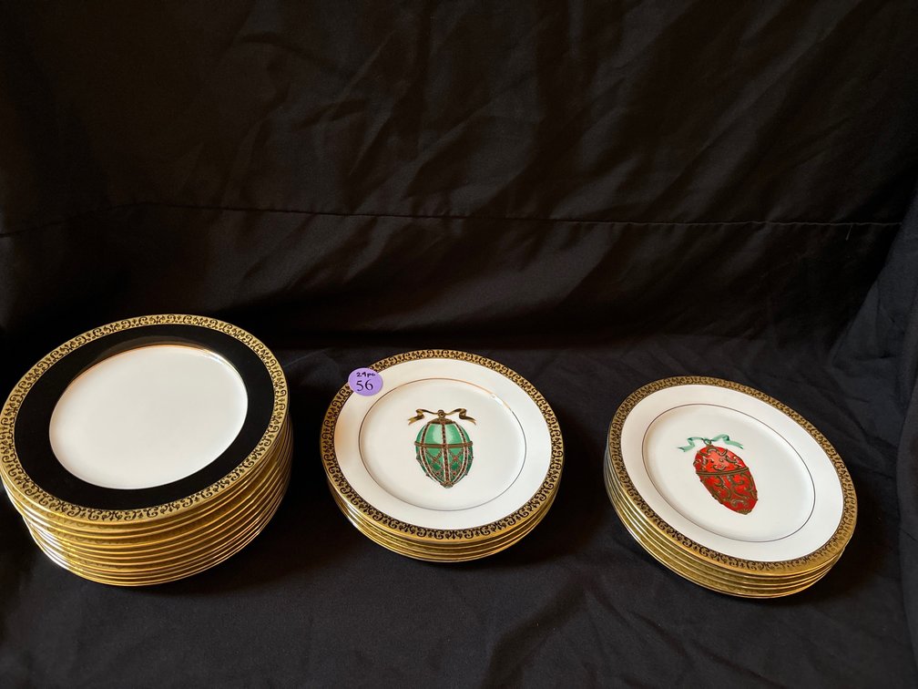 24 porcelain dessert plates; 12 are faberge egg motifs (red and green)