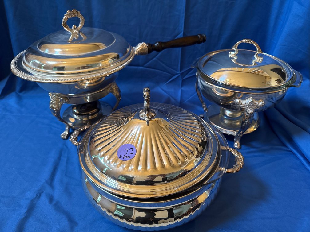 2 Silver Plate Chafing Dishes and Covered Vegetable Server
