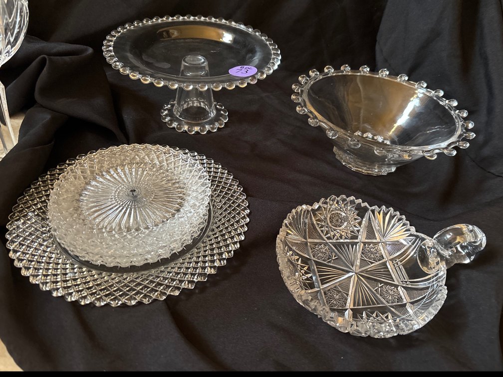 8 pcs of vintage glass; includes a cut glass nappy, 2 pcs of candlewick