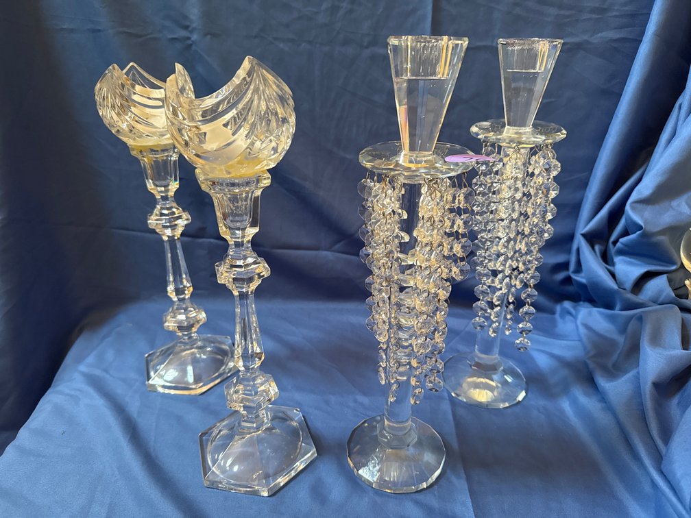 2 Shannon Crystal Candlesticks with Prisms and 2 Glass Candlesticks 