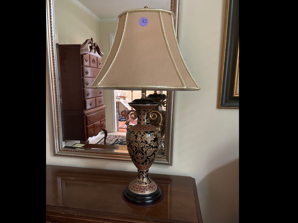 Glazed 2-handle porcelain lamp, fabric shade; 31”