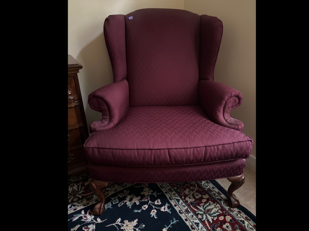 Broyhill burgandy damask wing chairs; ball and claw feet