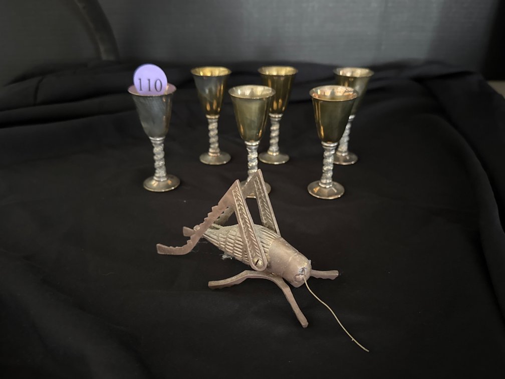 6 Brass Cordial Glasses and Brass Grasshopper 
