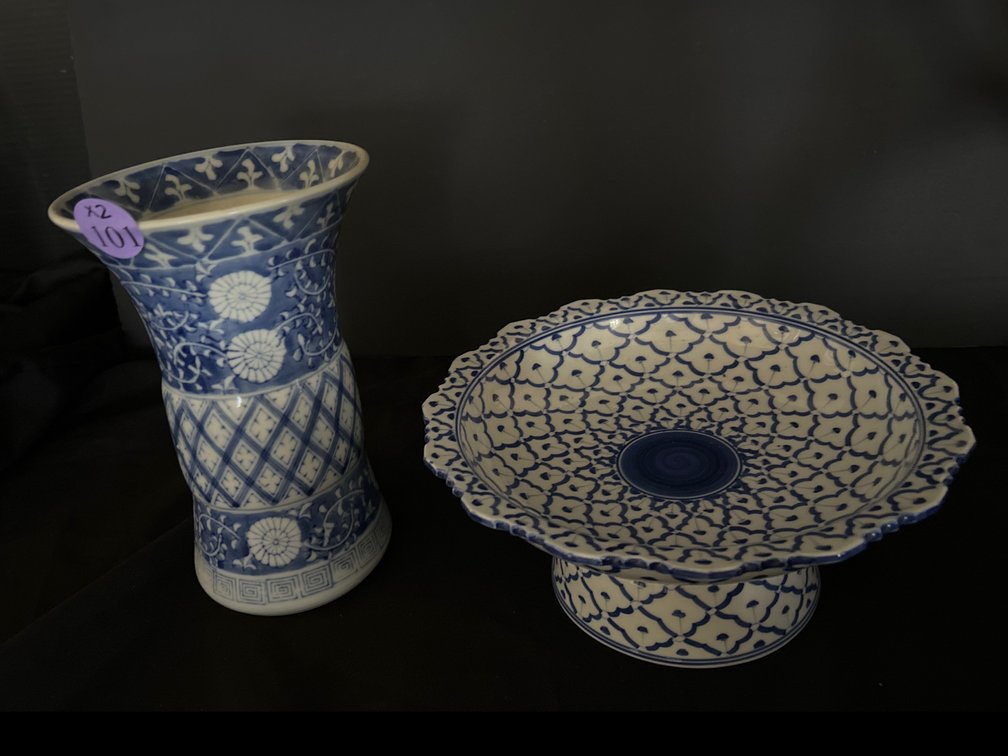 Blue and white vase and pedestal bowl; bowl is 10” in diameter