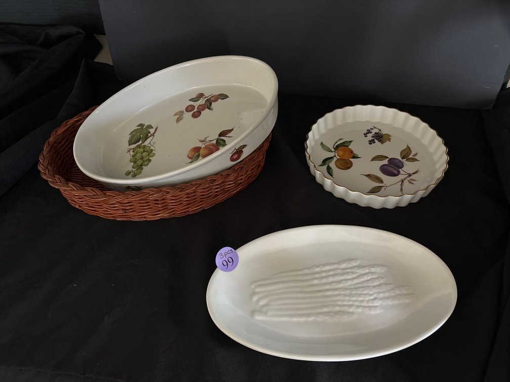 Rimmed bakeware, Royal Worcester & Cordon Bleu/asparagus platter, Crate and Barrel