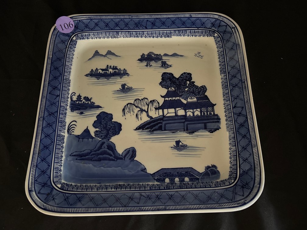 Blue willow square ironstone platter, 13” sq