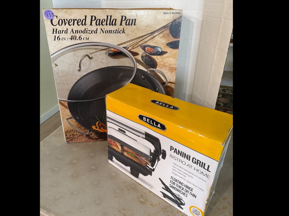 Covered Paella Pan and Bella Panini Grill, boxed 