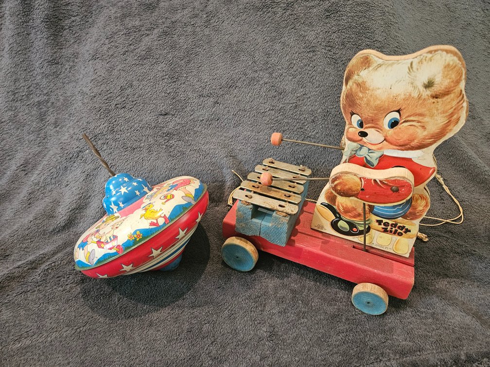 Vintage Wooden Bear (Fisher Price) Toy and Metal Spinning Top