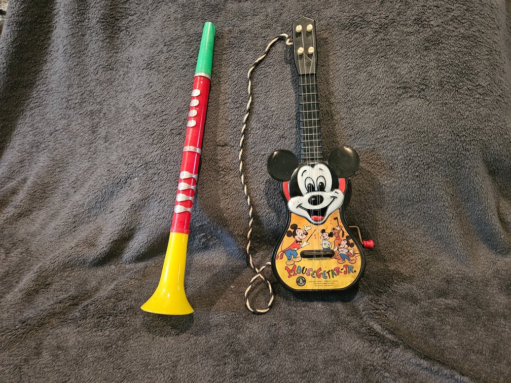 Vintage Plastic Toy Flute and Mickey Mouse "Mousegetar-Jr" (Mattel)