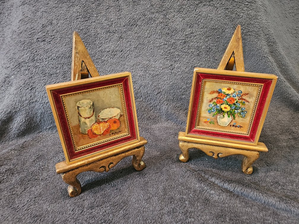 Pair of Gallerywall miniature paintings with gold easels