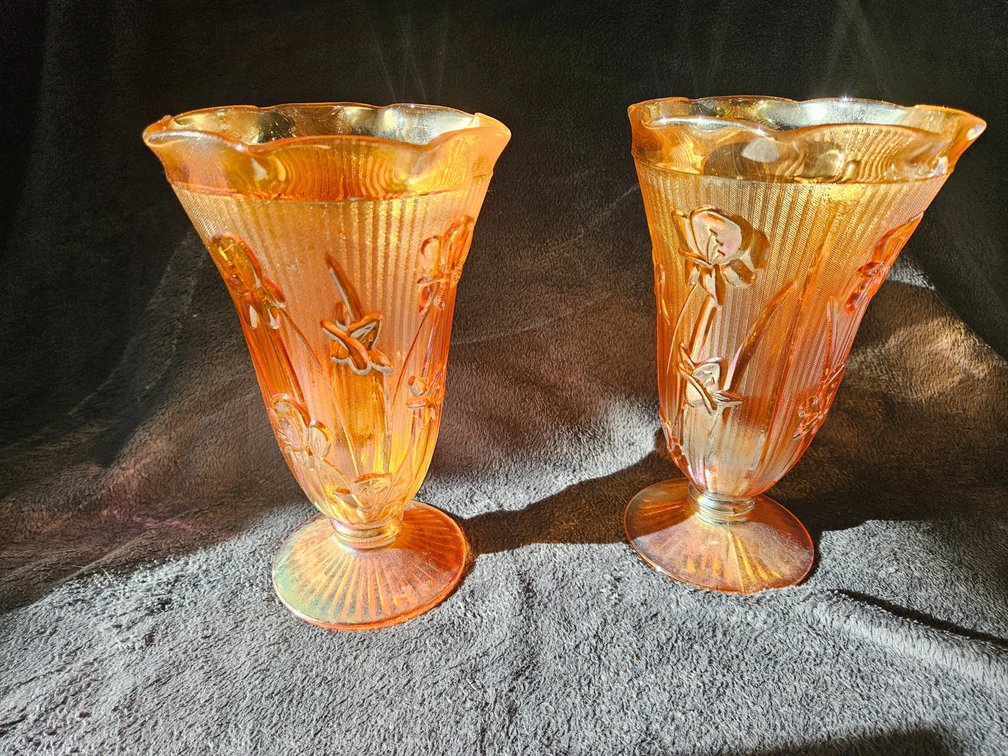 Orange Canival Glass Vases Iris and Herringbone