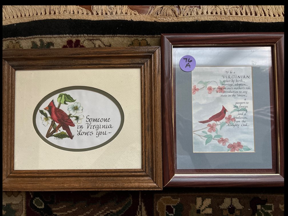 2 framed Virginia-themed artworks; larger is 12” x 10”