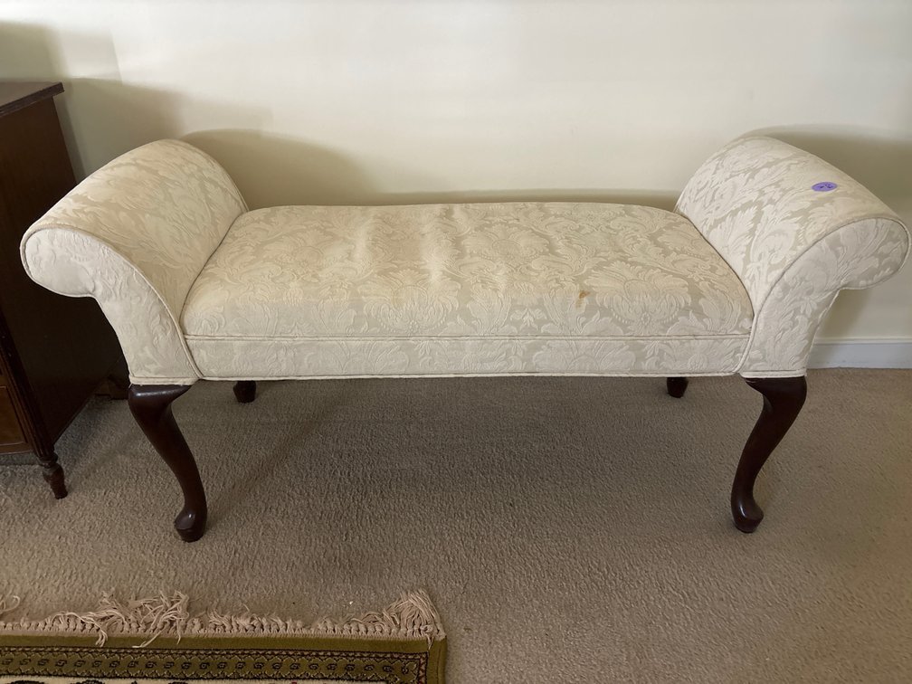 Ivory damask upholstered bench, 50” long