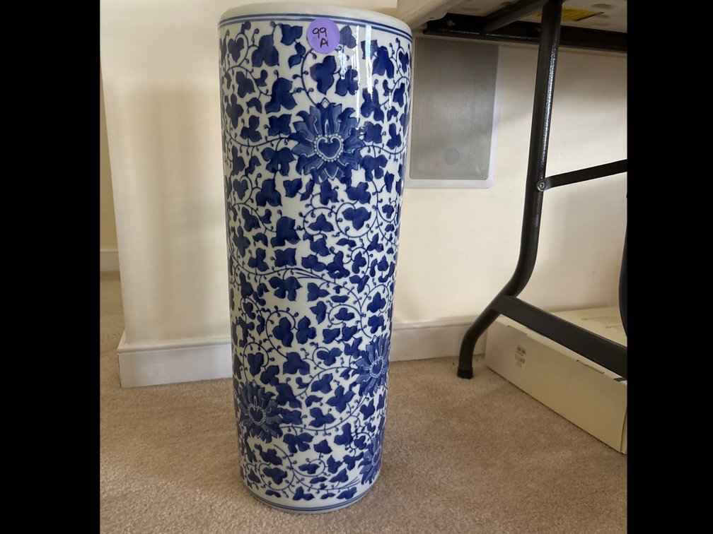 Blue and white ceramic umbrella stand, 24” tall