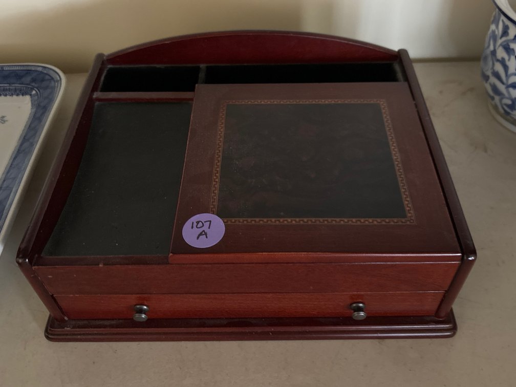 Wooden jewelry chest, 13” x 11” x 4” tall